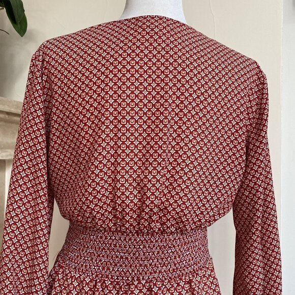 Max Studio Womens S Red Geometric Print 3/4 Balloon Sleeve Tie Front Peplum Hem - Picture 9 of 16